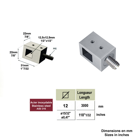 Accessoires Inox Connecteur en applique pour carr de 12x12mm et tube 40x40mm