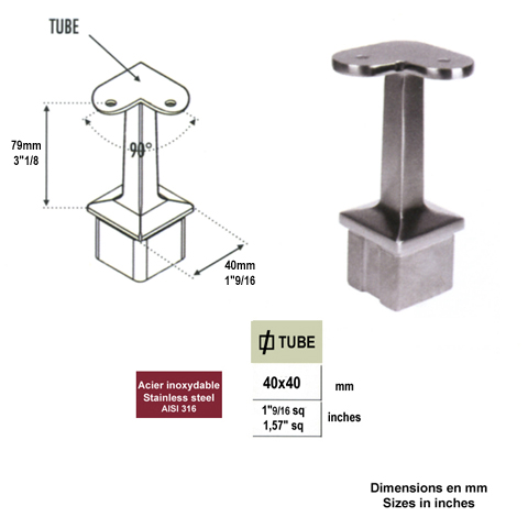 Support d`angle 90 de main courante 40x40mm INOX316 Support pour poteau inox 316 Support de ma