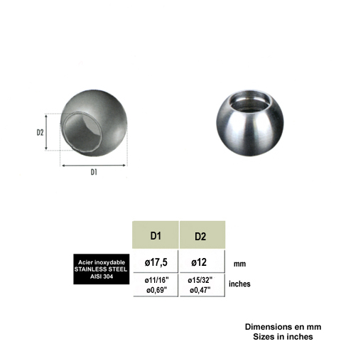 Boules pleines INOX304 17,5mm avec trou borgne 12mm Boules de finition pour rond Boules embou