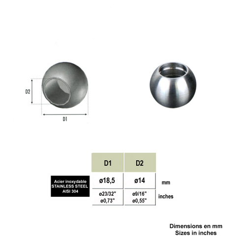 Boules pleines INOX304 18,5mm avec trou borgne 14mm Boules de finition pour rond Boules embou