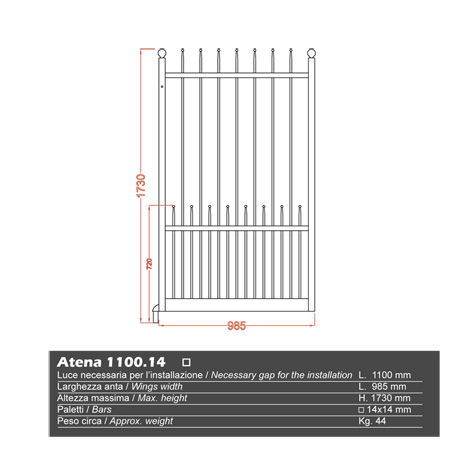 Portillon ATENA 1,1m 14x14mm sans poteaux AVEC ou SANS poteaux 14x14 Portillon ATENA