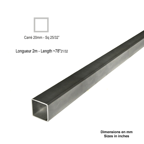 Barre profile tube 20x20mm longueur 2m carr lisse acier lamin brut Lisse Tube carr lisse