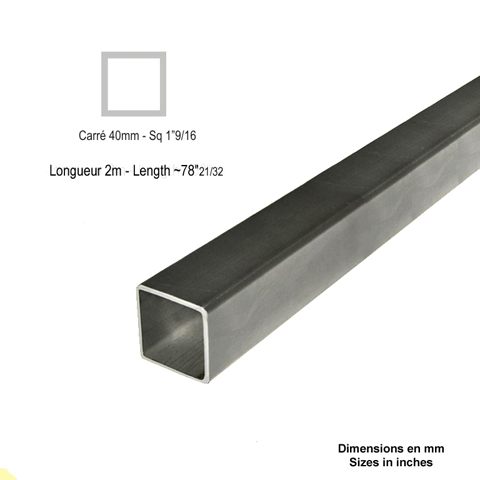 Prt  Poser et Kits Barre profile tube 40x40mm longueur 2m carr lisse acier lamin brut