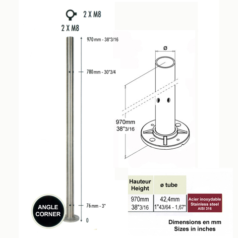 Poteau intermdiaire taraud montage verre INOX316 Poteaux acier inox 316 Poteaux garde-corps o