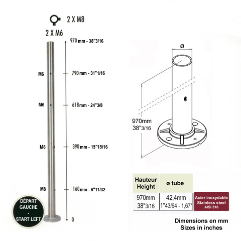 Poteau dpart gauche taraud montage cble et verre INOX316 Poteaux acier inox 316 Poteaux gard