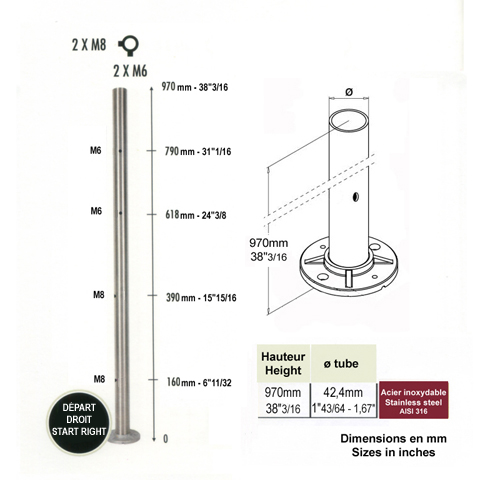 Poteau dpart droit taraud montage cble et verre INOX316 Poteaux acier inox 316 Poteaux garde