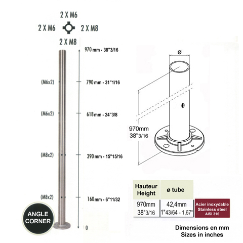 Poteau d`angle taraud montage cble et verre INOX316 Poteaux acier inox 316 Poteaux garde-corp