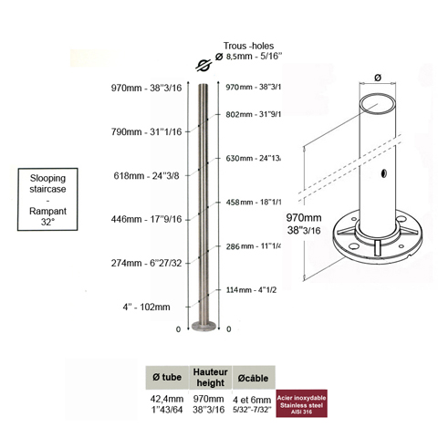 Poteau 42,4mm intermdiaire perc cble traversant 6mm INOX316 Poteaux ronds acier inox 316 P