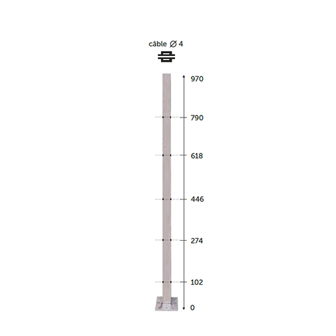 Poteau 40x40mm intermdiaire perc cble traversant 4mm INOX316 Poteaux carrs acier inox 316 