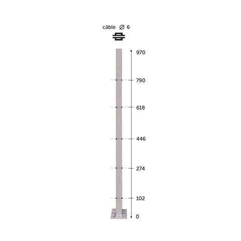 Poteau 40x40mm intermdiaire perc cble traversant 6mm INOX316 Poteaux carrs acier inox 316 