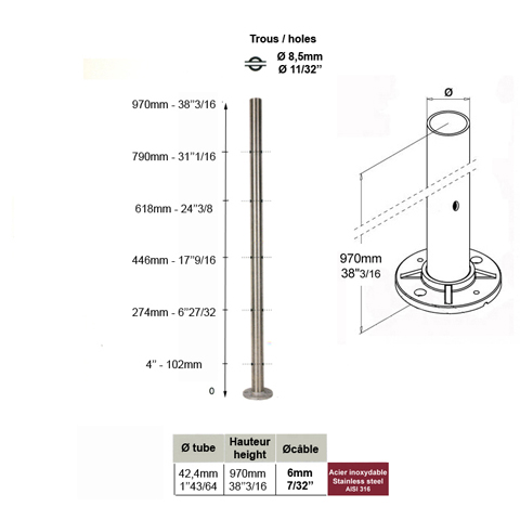 Poteau 42,4mm intermdiaire perc cble traversant 6mm INOX316 Poteaux ronds acier inox 316 P