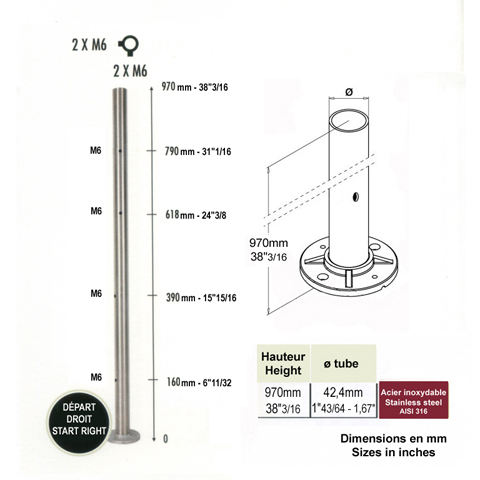 Poteau 42,4mm dpart droit taraud montage cble et verre INOX316 Poteaux ronds acier inox 316