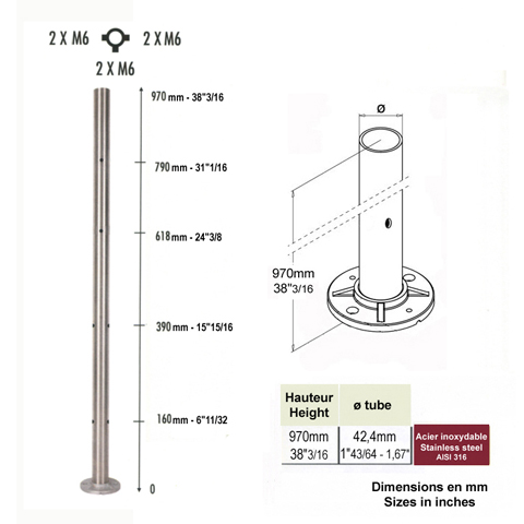 Poteau 42,4mm intermdiaire taraud montage cble et verre INOX316 Poteaux ronds acier inox 31