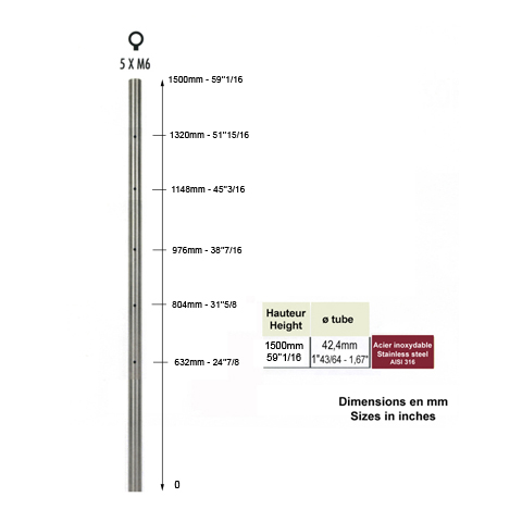 Poteau 42,4mm de dpart  l`anglaise taraud pour montage cble  INOX316 Poteaux ronds acier i