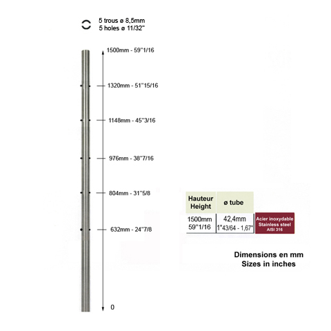 Poteau 42,4mm intermdiaire  l`anglaise perc pour cble traversant INOX316 Poteaux ronds aci