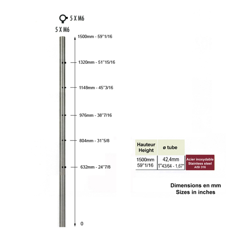 Poteau 42,4mm d`angle  l`anglaise taraud montage cble ou rond plein INOX316 Poteaux ronds a