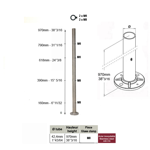 Poteau 42,4mm dpart montage pour cble traversant et verre INOX316 Poteaux ronds acier inox 3