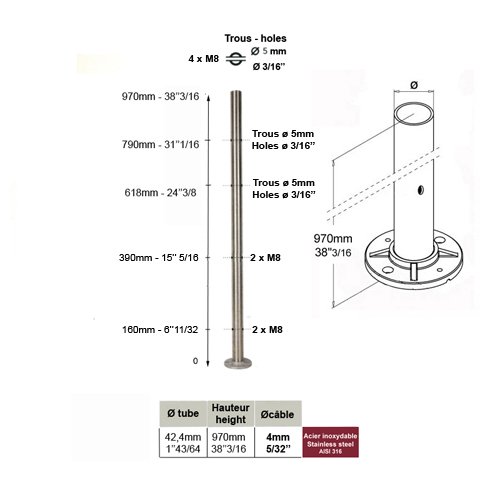 Poteau 42,4mm intermdiaire montage pour cble traversant 4mm et verre INOX316 Poteaux ronds 