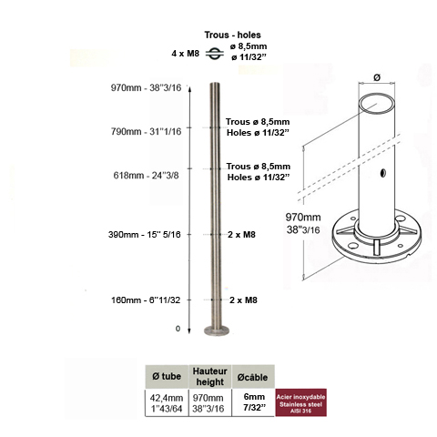 Poteau 42,4mm intermdiaire montage pour cble traversant 6mm et verre INOX316 Poteaux ronds 