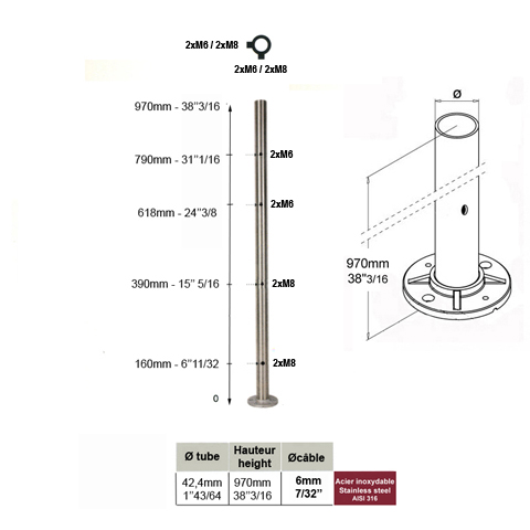 Poteau 42,4mm d`angle montage pour cble traversant et verre INOX316 Poteaux ronds acier inox 