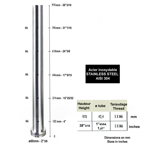 Poteau pr-assembl INOX304 pour marches Poteaux acier inox 304 Poteaux garde-corps ou escalier