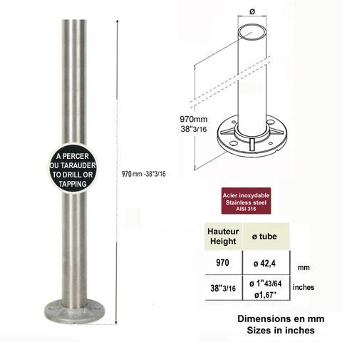 Poteau INOX316  percer ou tarauder Poteaux ronds acier inox 316 Poteaux garde-corps ou escalie