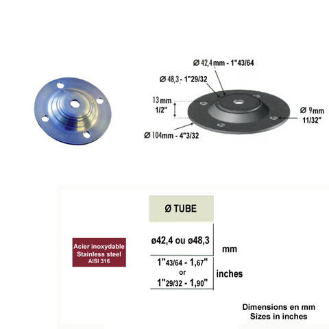 Platine de fixation pour poteau INOX316 Platine INOX 316 Embases pour poteaux