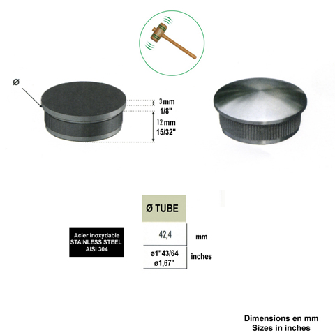 Bouchon bomb de finition INOX304 42,4mm Finition bombe pour tube inox Finitions pour tubes i