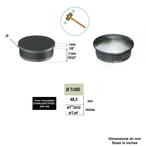 Bouchon bomb de finition INOX304 48,3mm Finition bombe pour tube inox Finitions pour tubes i