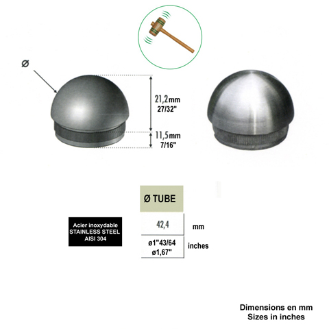 Bouchon rond de finition INOX304 42,4mm Finition ronde pour tube inox Finitions pour tubes ino