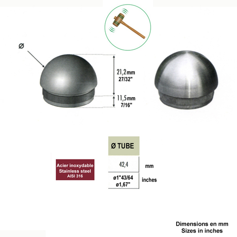 Bouchon rond de finition INOX316 42,4mm Finition ronde pour tube inox Finitions pour tubes ino