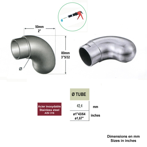 Bouchon coud rond de finition INOX316 42,4mm Finition coude pour tube inox Finitions pour tu