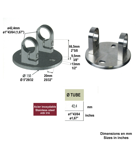 Platine ronde et anneaux de serrage INOX316 Fixation  l`anglaise Fixations pour tubes INOX