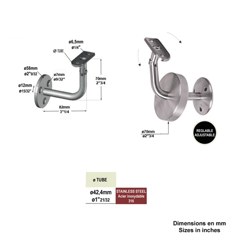 Equerre de rampe - Patre rglable pour rampe 42,4mm INOX316 Support mural coud pour INOX Sup