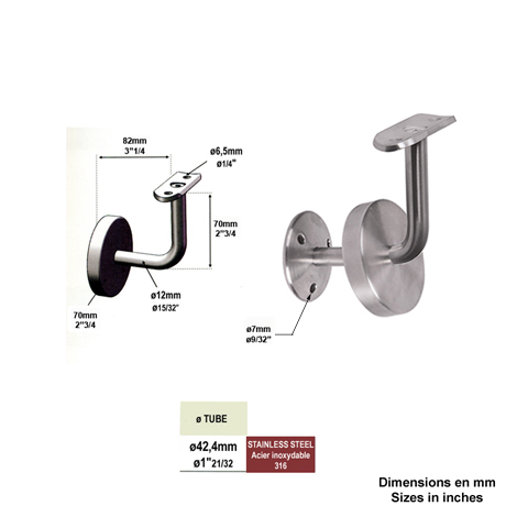 Equerre de rampe - Support mural fixe pour rampe 42,4mm INOX316 Support mural coud pour INOX 