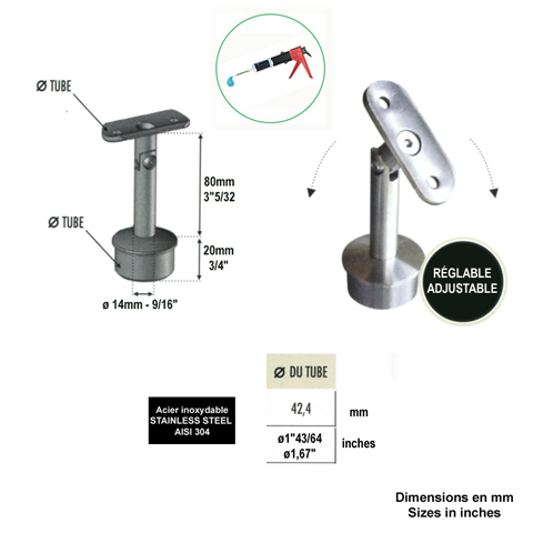 Support pivotant de main courante 42,4mm INOX304 Support pour poteau inox 304 Support de main 