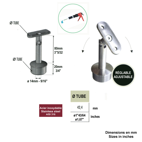 Support pivotant de main courante 42,4mm INOX316 Support pour poteau inox 316 Support de main 