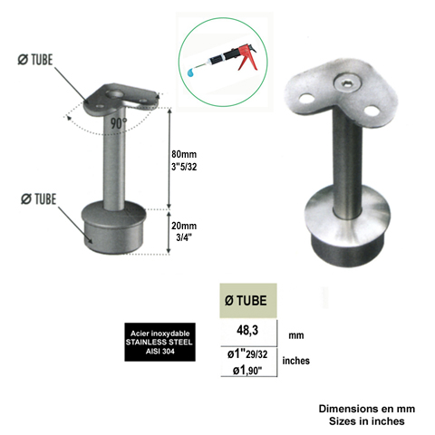 Support fixe d`angle 90 pivotant de main courante 48,3mm INOX304 Support pour poteau inox 304