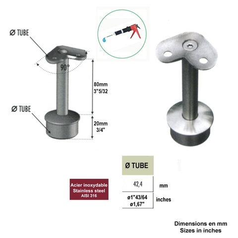 Support d`angle 90 de main courante 42,4mm INOX316 Support pour poteau inox 316 Support de ma