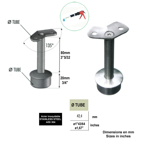 Support d`angle 135 de main courante 42,4mm INOX304 Support pour poteau inox 304 Support de m