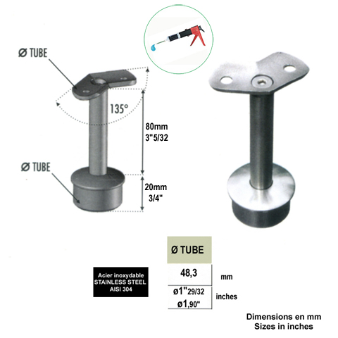 Support fixe d`angle 135 pivotant de main courante 48,3mm INOX304 Support pour poteau inox 30