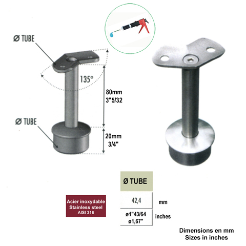 Support d`angle 135 de main courante 42,4mm INOX316 Support pour poteau inox 316 Support de m