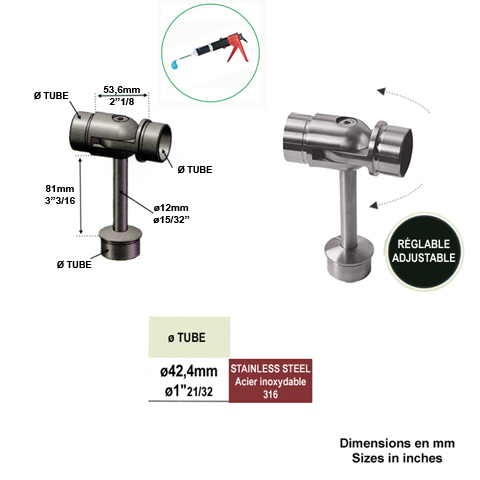 Support orientable de main courante 42,4mm INOX316 Support pour poteau inox 316 Support de mai