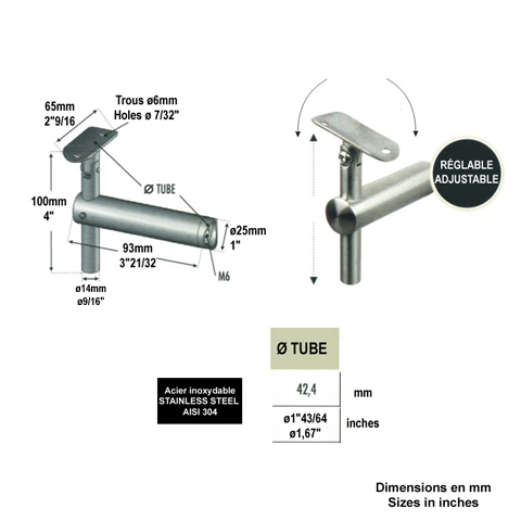 Support dport pivotant de main courante 42,4mm INOX304 Support dporte poteau inox 304 Suppo