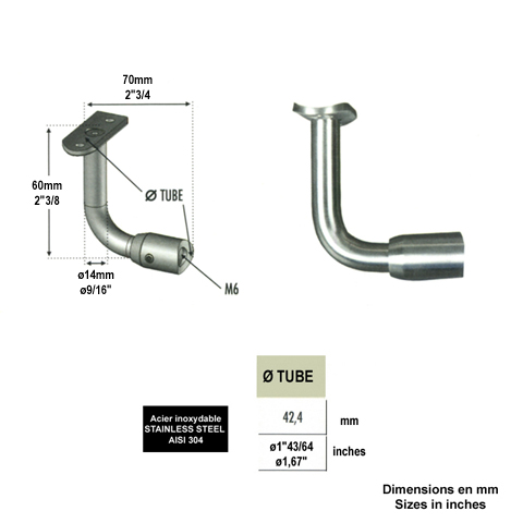 Support dport de main courante 42,4mm INOX304 Support dporte poteau inox 304 Support dport