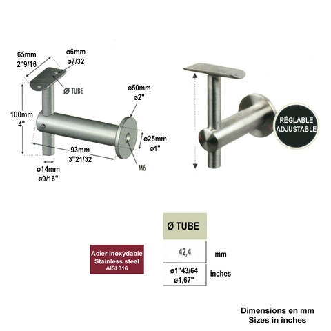 Accessoires Inox Support dport mural de main courante INOX316