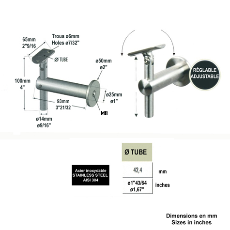 Support dport mural pivotant de main courante INOX304 Support dport inox 304 Support dport