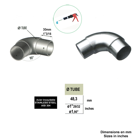 Connecteur arrondi coud 90 48,3mm INOX304 Connecteur tube rond INOX304 Connecteurs de tube I