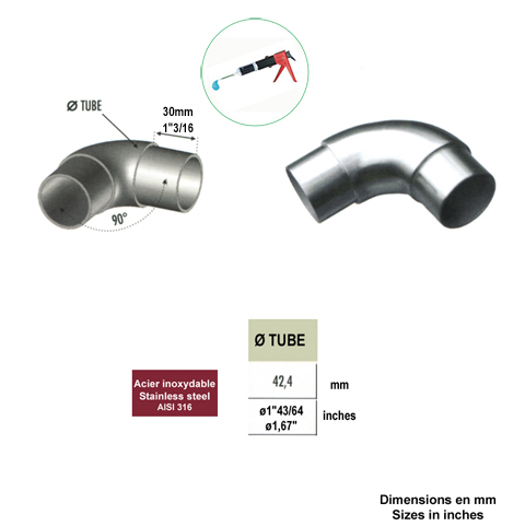 Connecteur arrondi coud 90 42,4mm INOX316 Connecteur tube rond INOX316 Connecteurs de tube I