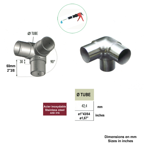 Connecteur 3 axes de tube rond 42,4mm INOX316 Connecteur tube rond INOX316 Connecteurs de tube